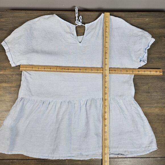 Saks Fifth Avenue Linen Peplum Top Short Sleeve Pale Blue Tie Back Size Medium - Picture 5 of 5